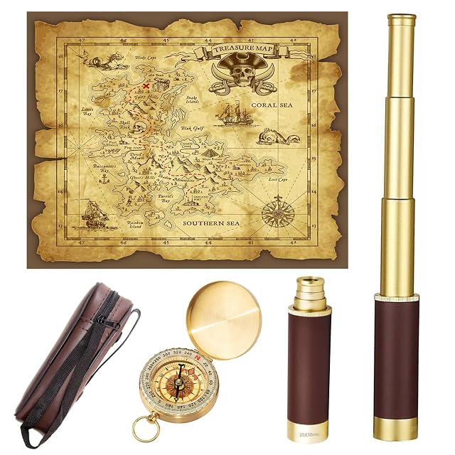 Catalejo plegable de estilo pirata Laupha con brújula y mapa del tesoro