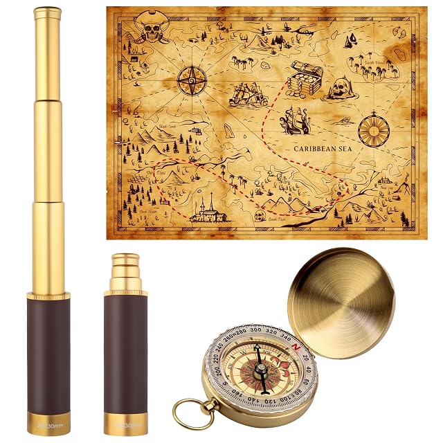 Catalejo retro pirata Ventisera con brújula y mapa del tesoro