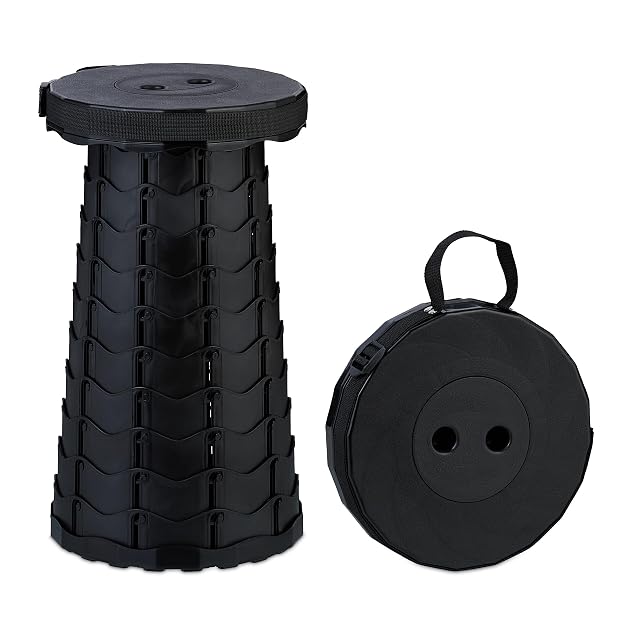 Taburete telescópico Relaxdays negro, plegado y extendido