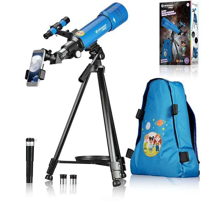 Refractor Bresser JUNIOR 70/400 sobre su trípode con la mochila suministrada