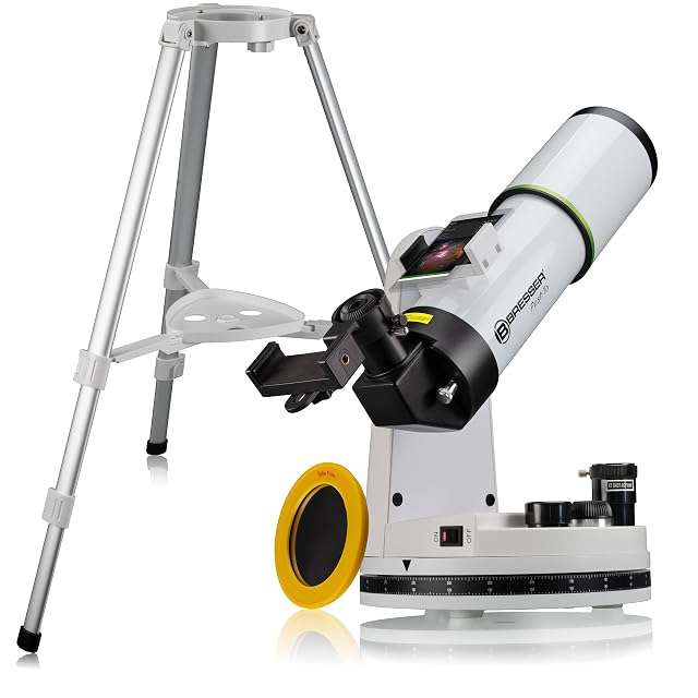 Refractor Bresser PushTo AR 80/400 con su trípode de campo y su soporte para móvil
