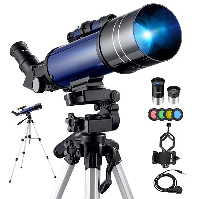 Refractor de viaje BEBANG 70/400 con el adaptador para móvil colocado